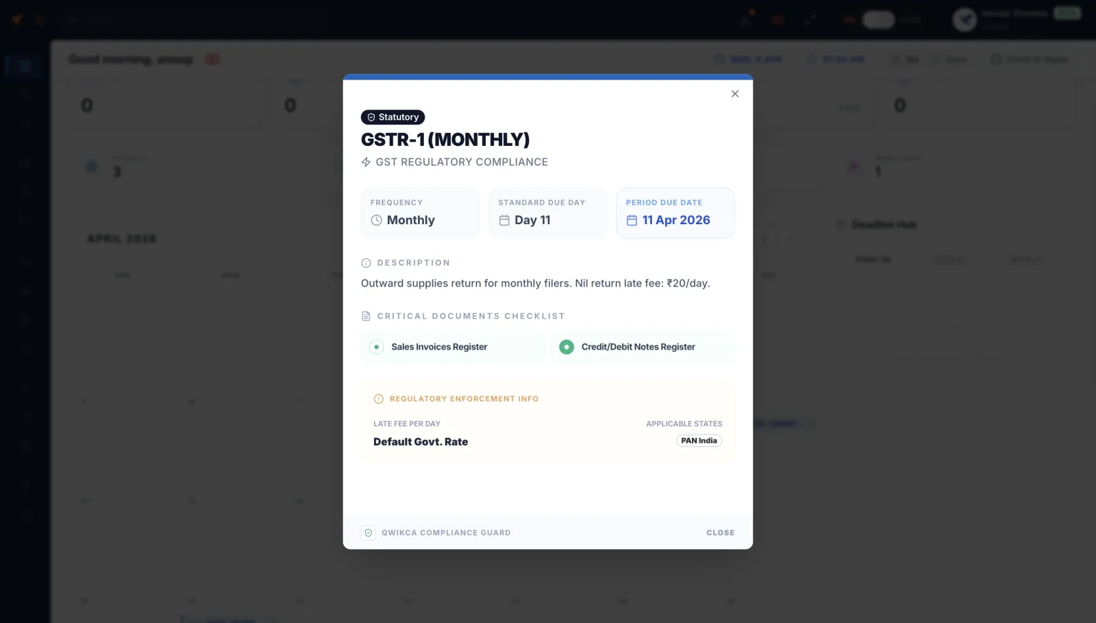 QwikCA compliance screen