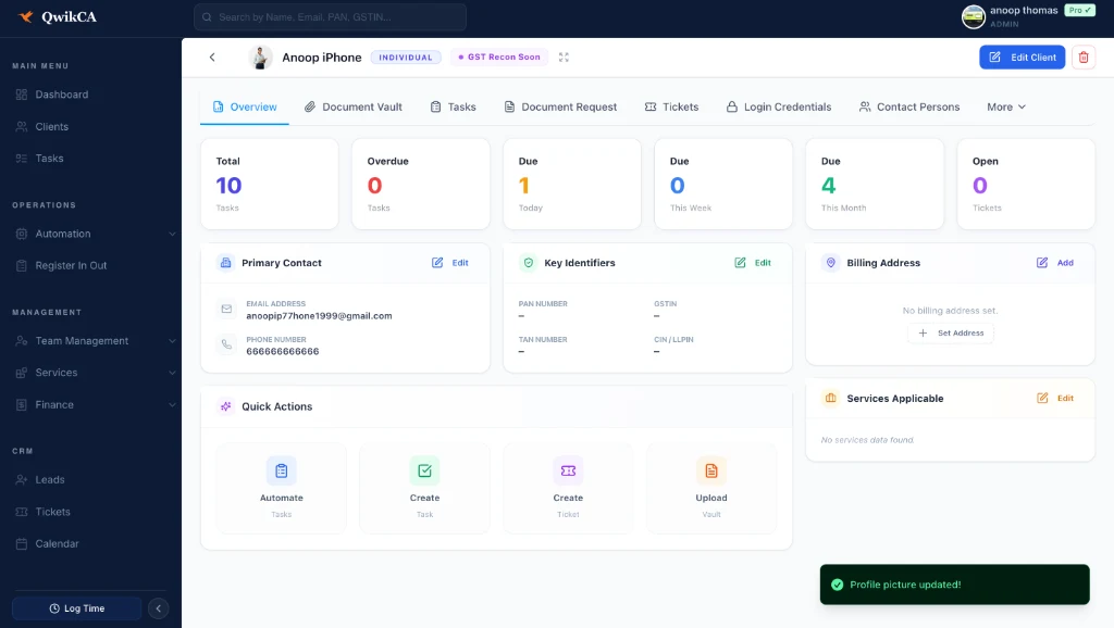 QwikCA clients screen